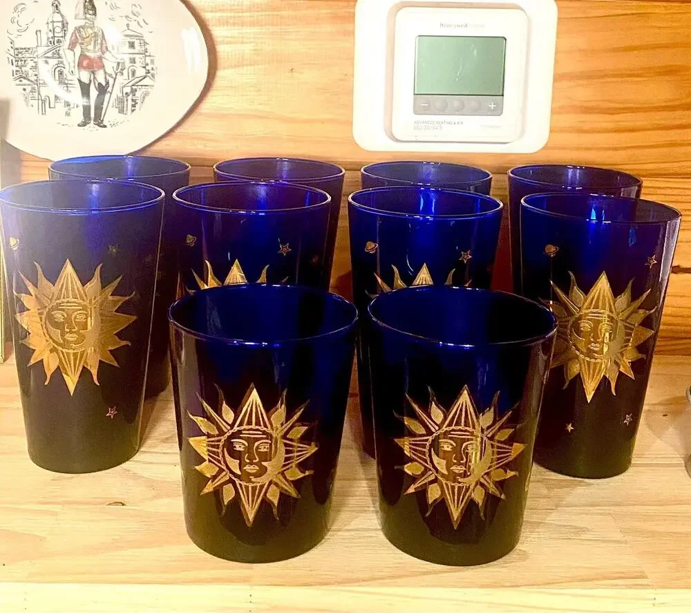 Vintage Culver Celestial Cobalt Blue Glassware Set 22K Gold Sun Moon Stars